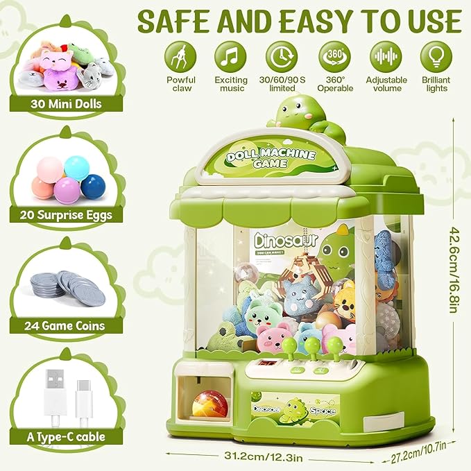 Large Claw Machine for Kids, Musical Electronic Arcade Game Console with Adjustable Sound, Christmas and Birthday Gift for Kids, Includes 30 Toys & 24 Game Coins & 20 Surprise Eggs