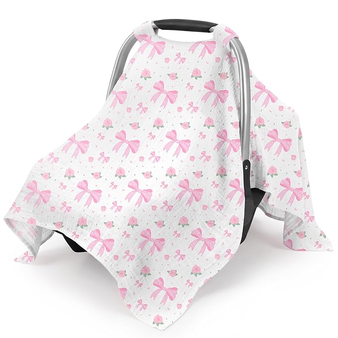 Car Seat Cover Baby, 100% Muslin Cotton Infant Car Seat Canopy, Universal Baby Car Seat Cover, Breathable Nursing Cover Canopy Shower Gift Pink Bow