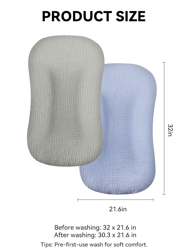 TILLYOU Muslin Baby Lounger Cover, 100% Cotton Newborn Lounger Cover, 2 Pack Baby Nest Slipcover for Boys Girls, Cover Only, Grey and Blue