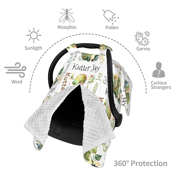 Personalized Winter Carseat Cover for Baby Custom Name Dino Car Seat Canopy for Newborn Baby Boys Girls 2 in 1 Mom Nursing Breastfeeding Covers Dinosaur Minky Baby Carrier Stroller Covers