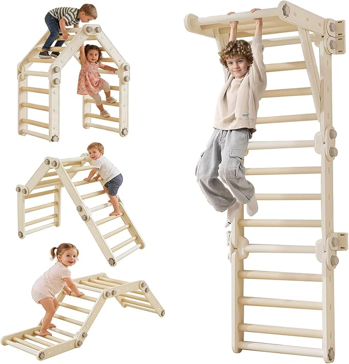 Kids Climbing Toys,Pikler Triangle Set,Plastic Montessori Indoor Play Gym,Multifunction Foldable Indoor Climbing Gym for Kids(Gray)