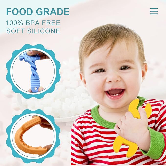 Teething Toys for Babies, Baby Teething Toys, Silicone Baby Teether Toys, Baby Chew Toys, Molar Teether, Hammer Wrench Spanner Pliers Shape Teething Toys for Boys Girls