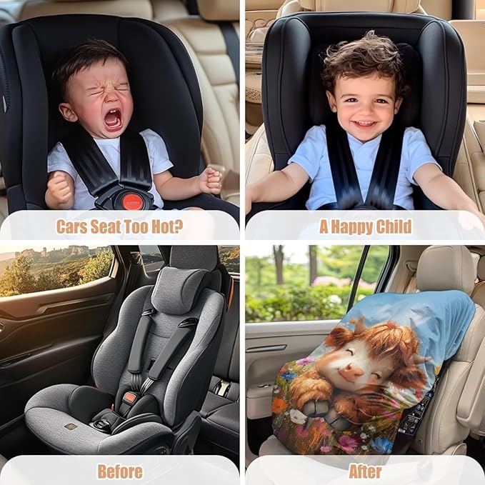 XYZCANDO Baby Highland Cow Infant Car Seat Cover Cartoon Summer Carseat Cover Protect from Sun/Hot Days Portable Baby Car Seat Shade Cover Elastic Infant Car Seat Protector Gift for Her