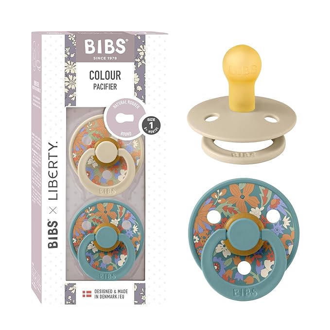 BiBS Liberty Pacifier 2-Pack, BPA Free Pacfiers with Natural Latex Round Nipple, Made in Scandinavia, Size 1 (0-6 Months), June Blossom Vanilla Hush Mix