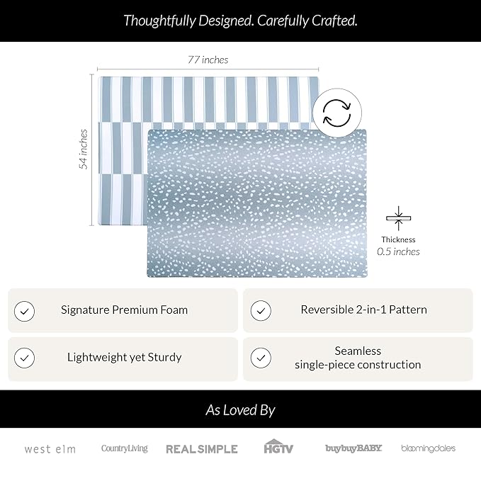 Wander & Roam Premium Reversible Play Mat - Soft Foam Child & Parent - Neutral Antelope + Stripe Design - Water Resistant, Easy to Clean, Non-Toxic - Slate Blue, 3+ Years