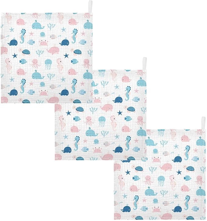 vvfelixl Cute Sea Life Baby Burp Cloths, Baby Muslin Washcloths for Boys Girls, Cotton Baby Face Towel for Newborn Infants Soft and Absorbent 11.8 X 11.8 in, 5 Pack