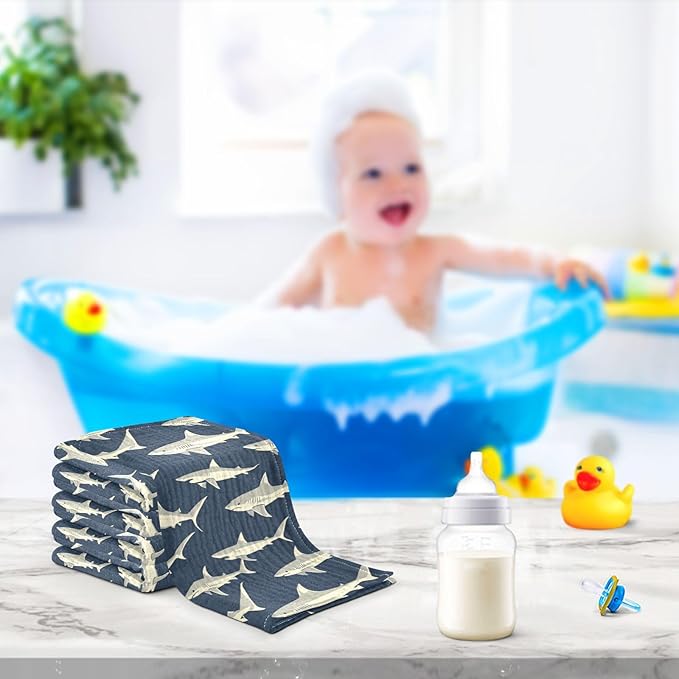 vvfelixl Baby Muslin Washcloths Sharks in Ocean Baby Burp Cloths Cotton Babys Face Towel for Newborn Infants Boys Girls Soft and Absorbent 11.8 X 11.8 in, 3 Pack