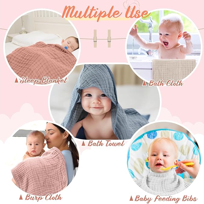 VitalCozy 8 Pcs Baby Muslin Hooded Bath Towels and Washcloths, Muslin Hooded Baby Towels Absorbent Blankets for Gift Newborn Infant Shower (Pink,White)