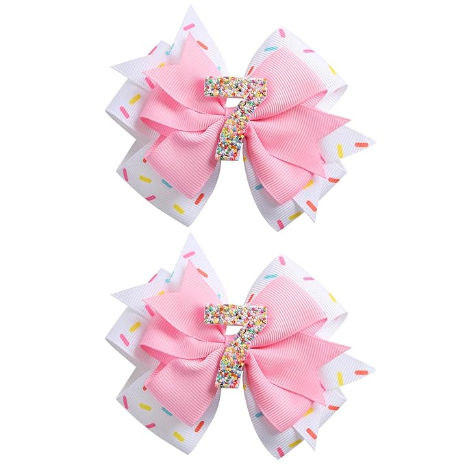 2Pcs Birthday Hair Bow for Baby Girls 2 3 4 5 6 7 Years Sprinkle Decorations Confetti Ice Cream Party Pink Pigtail Hair Accessories for Seven 7th Birthday