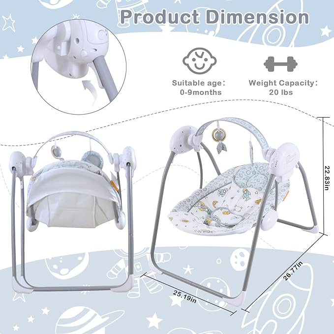 Baby Swing for Infant,Newborn Swing with Music,5 Speed Levels,Timing Setting,Soft Cushion,Foldable Infant Swing with with Hanging Planets Toy & Mirror for Indoor Outdoor Use 0-9 Months