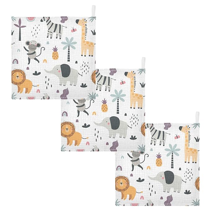Cute Exotic Animals Burp Cloths for Boys Girls, Monkey Elephant Baby Muslin Washcloths Cartoon Lion Giraffe Zebra Soft Absorbent Face Bath Towel Kids Wash Cloth 12x12 Inch, 3 Pack