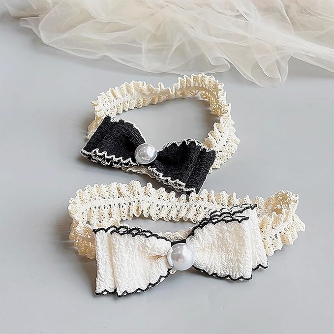 Bow Lace Headbands for Baby Girls Soft Tulle Ribbon Pearl Head Wrap Elastic Bow-knot Hair Band Shower Birthday Hair Accessory for Newborn Infant Toddler (Black A, Elastic)