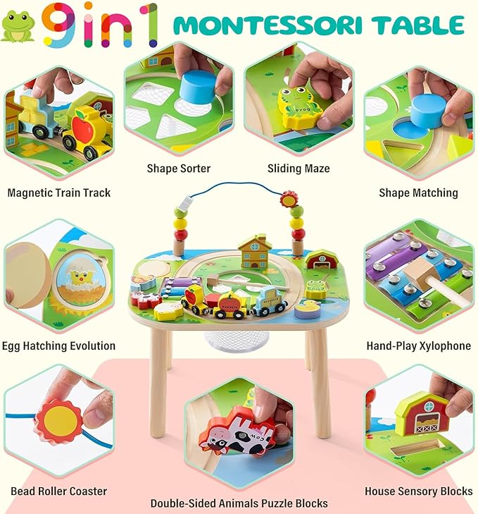 Montessori Activity Table for 1 Year Old, 9-in-1 Wooden Activity Table with Adjustable Height, Train, Shape Sorter, Xylophone, Baby Sensory Educational Learning Toys, Birthday Gift (Farm)