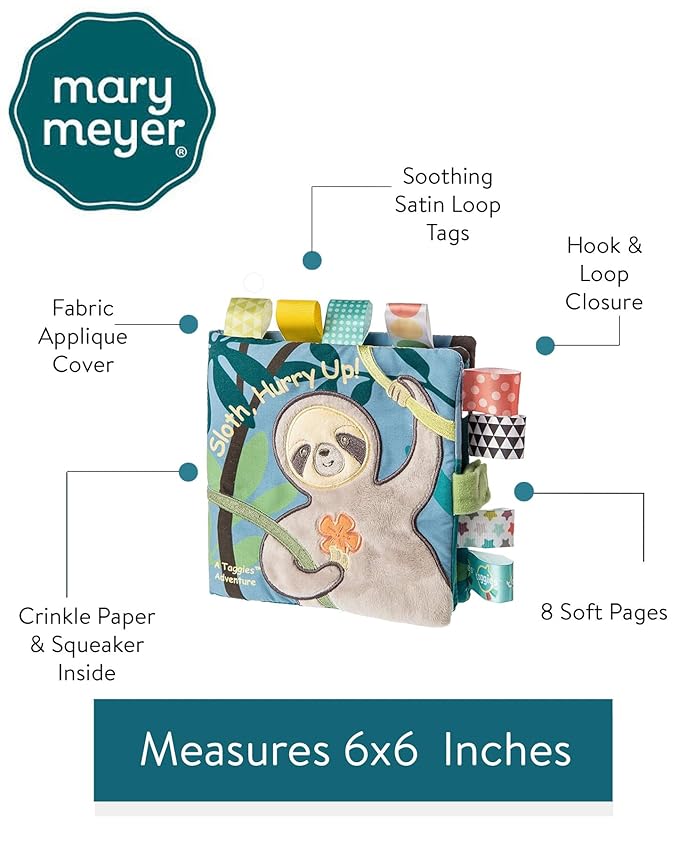 Taggies Touch & Feel Soft Cloth Book with Crinkle Paper & Squeaker, Molasses Sloth