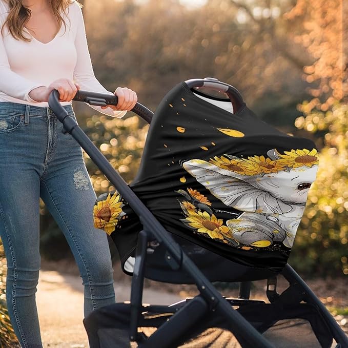 ZFRXIGN Elephant Sunflower Baby Car Seat Cover Cute Nursing Breathable Scarf Carseat Canopy Multi-Use Cover Ups for Stroller High Chair Shopping Cart Gifts Animal Black