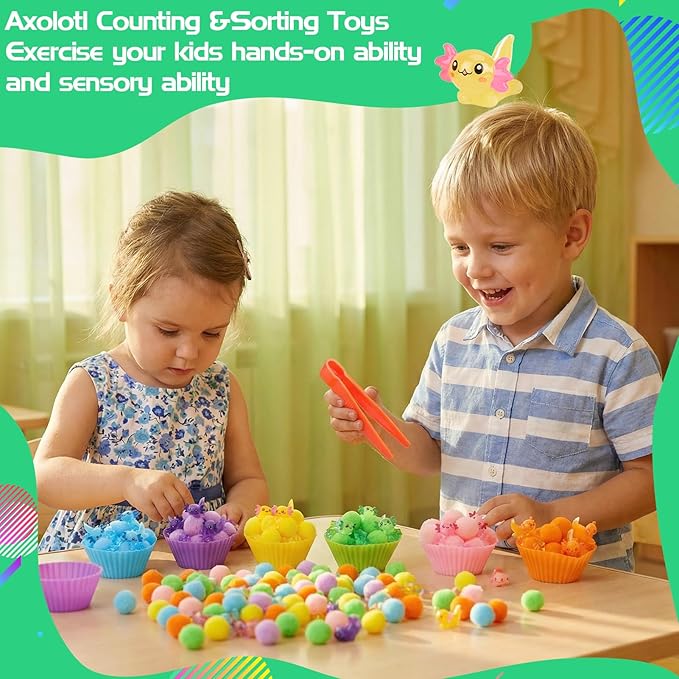 320 Pcs Axolotl Sensory Bin Fillers 200 Pompoms 42 Resin Axolotl Tweezers Scissors Clips Cups Fine Motor Skills Sets
