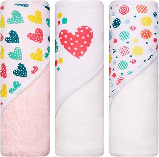 Hooded Baby Towels 3-Pack – Soft Baby Bath Towels with Hood for Newborns & Toddlers, Baby Hooded Towel Set, 30" x 26" (Candy Hearts)