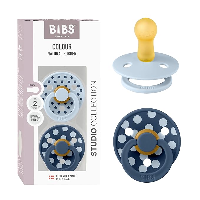 BIBS Polka Dots Pacifier 2-Pack, BPA Free Pacifiers with a Round Latex Nipple, Made in Scandinavia, Size 2 (6-18 Months), Baby Blue/Steel Blue
