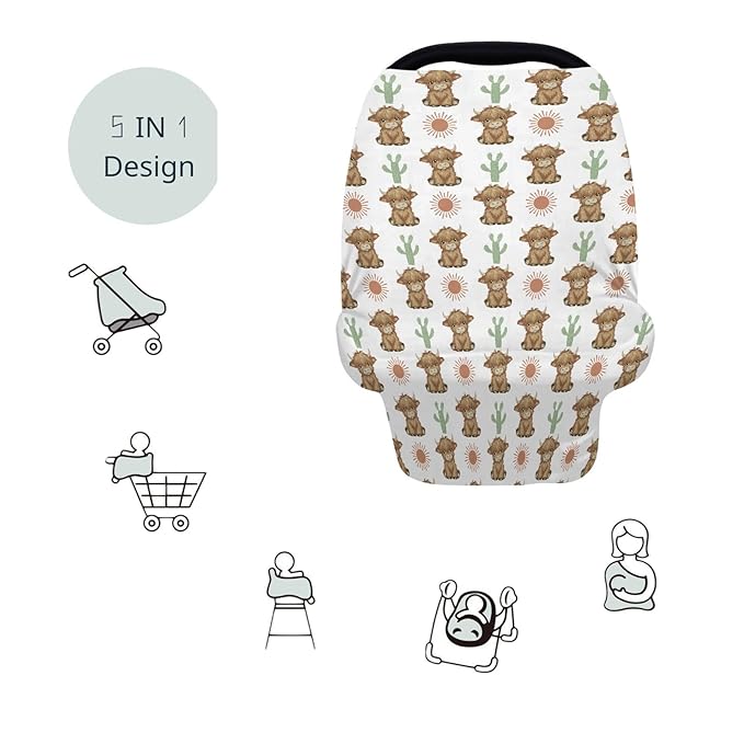 HawSkgFub Boho Highland Cow Cactus Sun 5-in-1 Car Seat Cover for Baby Girl Gift, Brown Bohemia Western Privacy Breastfeeding Nursing Cover, Newborn Infant Multi-use Carseat Canopy Carrier