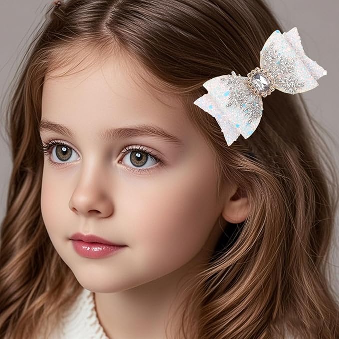 Christmas Snowflake Hair Bow Clips – Glitter White Snowflake Bow Hairpins for Women Girls Holiday Rhinestone Alligator Clips, Xmas Hair Accessories, Festive Holiday Bows Barrette Christmas Gift 2pcs