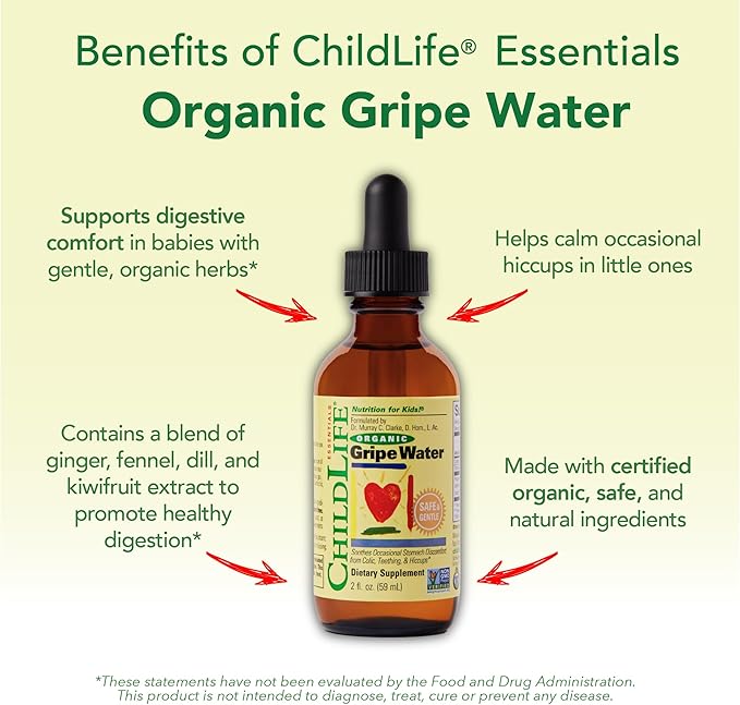 CHILDLIFE ESSENTIALS Organic Gripe Water for Babies - Gripe Water Newborn, Gas Drops for Newborns, Baby Drops for Gas & Colic Relief, Infant Gas Relief with Ginger, Fennel, Dill - 2 Fl Oz (Pack of 1)