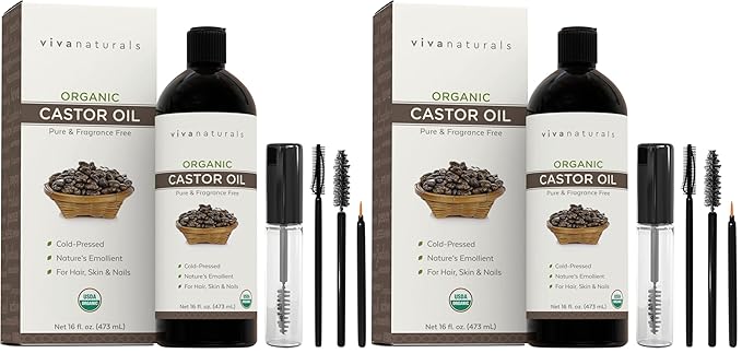 Viva Naturals Organic Castor Oil,Cold-Pressed,16 fl oz – For Face,Hair,Eyelashes,USDA Organic,Non-GMO - With Beauty Kit,(Pack of 2)