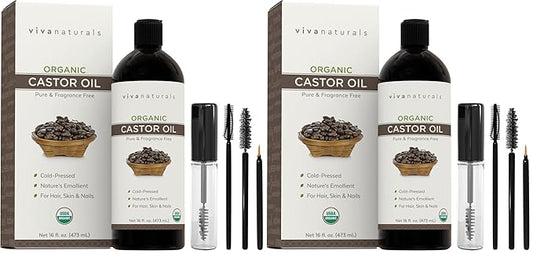 Viva Naturals Organic Castor Oil,Cold-Pressed,16 fl oz – For Face,Hair,Eyelashes,USDA Organic,Non-GMO - With Beauty Kit,(Pack of 2)