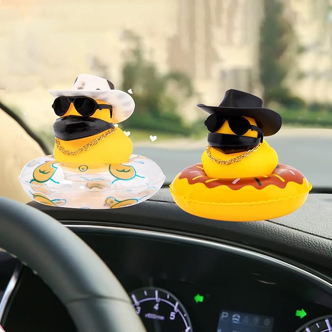 wonuu Car Duck Rubber Duck Car Ornaments Duck Car Dashboard Decorations with Cute Headband Swim Ring Necklace Sunglasses, A-Cowboy Hat White Black Spot