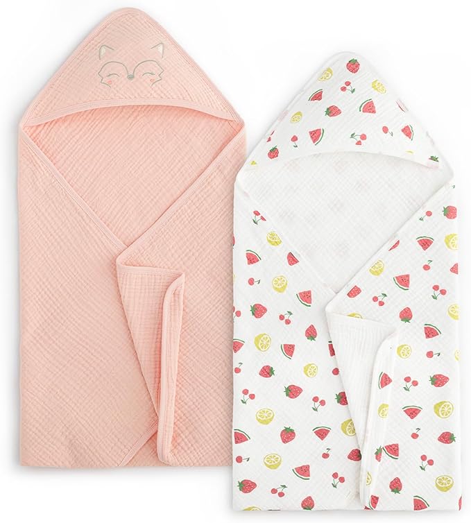 PHF 100% Muslin Cotton Baby Hooded Towels, 2 Pack Bath Towel with Hood for Newborn, Infant, Toddler, Ultra Soft and Absorbent Baby Bath Essentials, Shower Gifts for Girls, 32x32Inch, Fruits