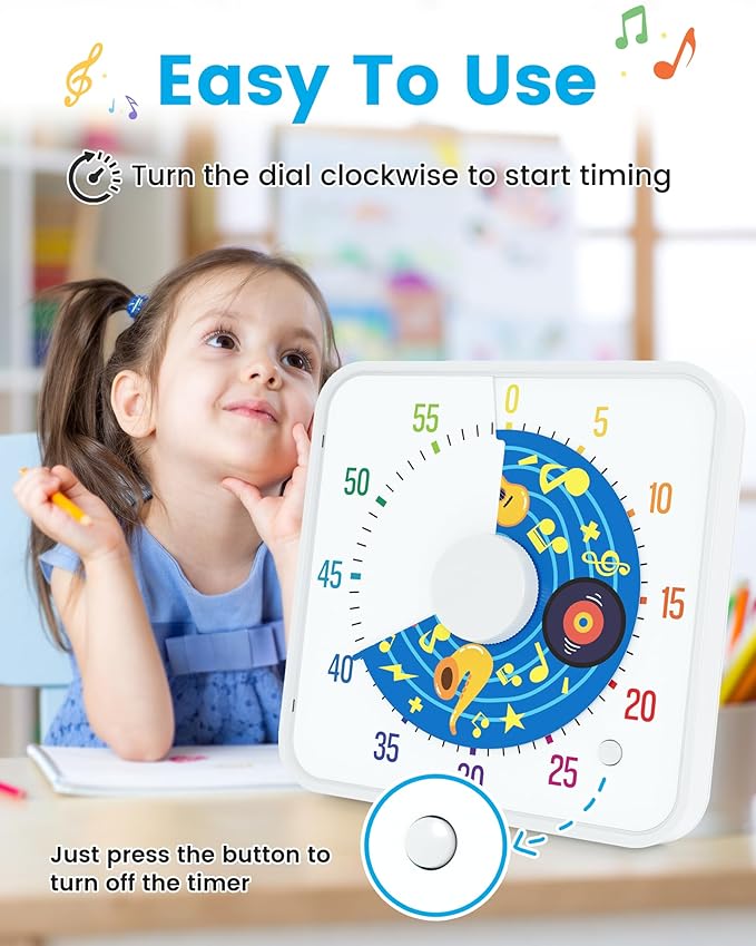 BellMan 8 Inch Large Visual Timer for Kids and Adults, Non-Ticking Visual Countdown Timers with 5 Music Alarm for Classroom Desk Countdown Clock with Magnetic Backing (White)