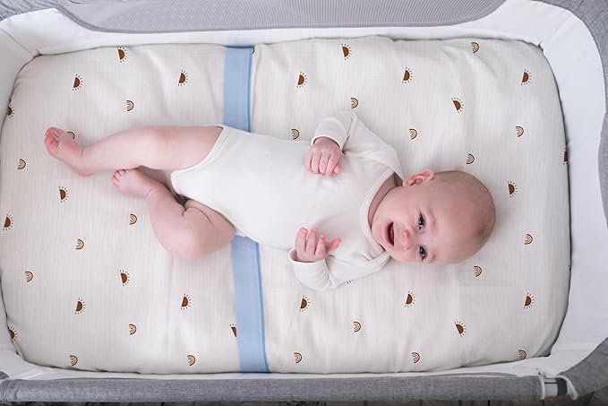 Meracorallo Muslin Mini Crib Sheet, Pack n Play Fitted Sheet, Soft and Breathable Pack and Play Playard Mattress Sheet for Baby Boys and Girls, Sun Rainbow