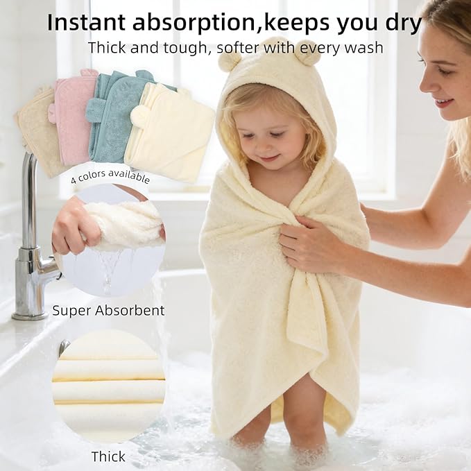 LifeTree 1 Pack Baby Hooded Towel with 1 Pack Washcloth for Newborn, 100% Cotton Bath Towel for Babies, Infant, Toddler and Kids, Thick,Soft and Absorbent, 30 * 30 Inches, Newborn Essentials, White