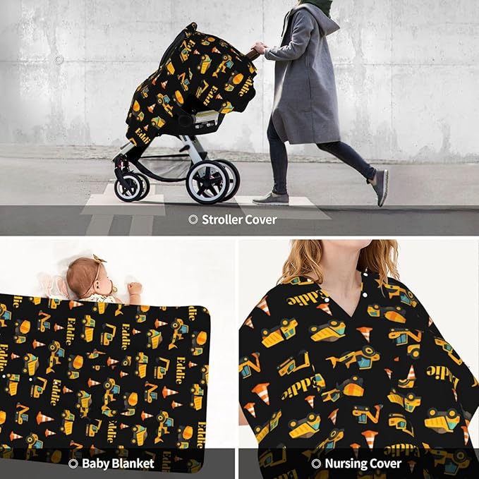 Personalized Construction Baby Car Seat Canopy for Boys – Custom Name Minky Nursing Cover, Infant Carseat Canopy, Opening Breastfeeding Stroller Cover for Newborn Baby Gift
