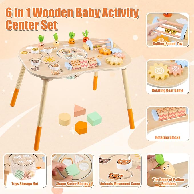 Wooden Activity Table for 1 Year Old Toddlers Sensory Table Activity Center 1-3 2 Baby Activity Table Kids Gift Game Wooden Montessori Table Shape Sorter Sensory Toys (Length*Height: 17"*11.8")