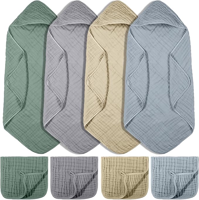 VitalCozy 8 Pcs Baby Muslin Hooded Bath Towels and Washcloths Muslin Cotton Hooded Baby Towels Absorbent Blankets for Gift Newborn Infant Shower (32 x 32 Inch,Pastel Color)