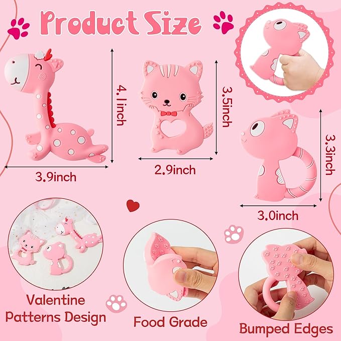 Valentine Silicone Teether for Babies - 2ooya 3Pcs Pink Cat Fox Giraffe Infant Teething Chew Toys, Easy to Grasp Toddler Sore Gums Pain Relief Toy for Newborn Boy Girl Baby Shower Valentine's Day Gift