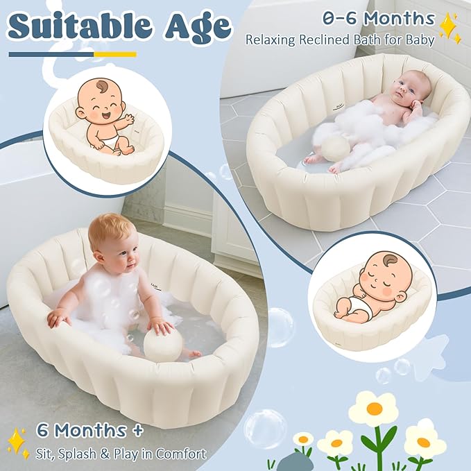 Inflatable Baby Bathtub, Collapsible Baby Bath Back Support, Portable Newborn Travel Bath tub with Drain Hole, Foldable Baby Bath Tubs for Infant to Toddler 0-24 Months (White)
