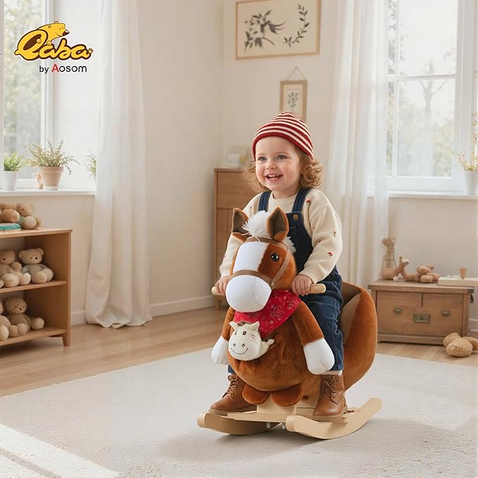 Qaba Kids Ride-On Rocking Horse Toy, Rocker with Lullaby Song, Hand Puppets & Soft Plush Fabric for Children 18-36 Months, Brown