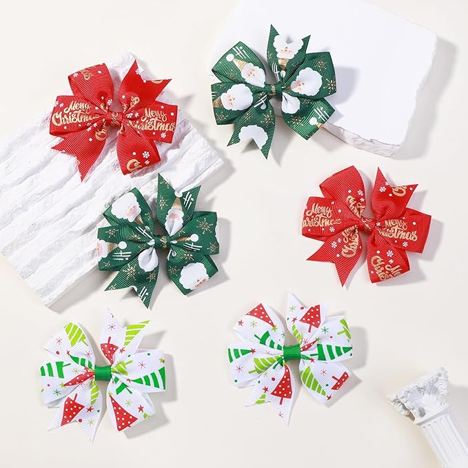 Choicbaby Christmas Hair Bows for Girls 3 Inches Red Hair Bows Clips for Toddler Christmas Pinwheel Bows Grosgrain Ribbon Kids Hair Accessories 6 Pack