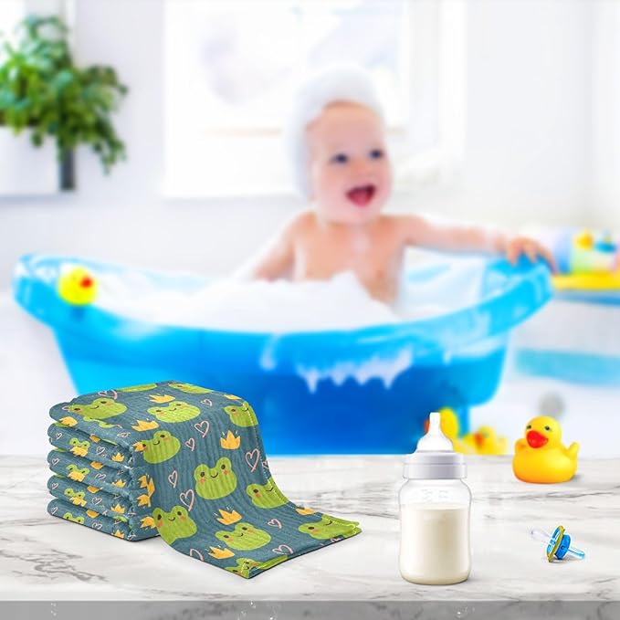 Cute Frog Baby Washcloths Newborn Muslin Burp Cloths 3 Pack Soft Cotton Baby Face Bath Towel Drool Bibs for Infants, Girls and Boys 11.8 x 11.8 Inch