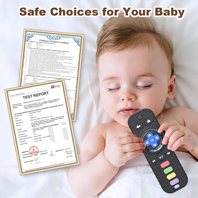 HAILI XMGQ Teething Toys for Baby, Sensory Baby Chew Toy, Rattle Ring Teether Toys for Babies 0-3-6-12 Months, Silicone TV Remote Control Shape for New Baby Gift (Black)