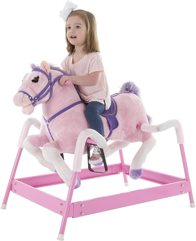 Spring Rocking Horse - Plush Bouncy Ride-On Toy with Fun Sounds, Wood Handles, and Adjustable Stirrups for Kids Ages 3 to 6 by Happy Trails (Pink)