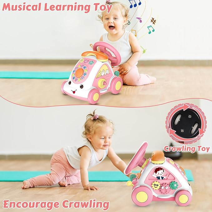 Toddler Toys for 1+ Year Old Girls - Music Toys Age 1-2 Learning Toys with Car/Sound/Music/Steering Wheel/Telephone/Lights Multi-Functional Car Early Educational Birthday Gift for Girl