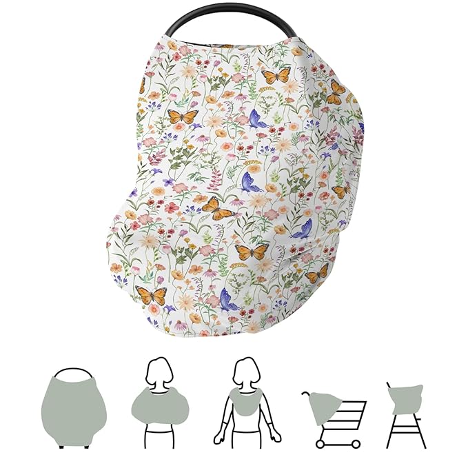 Vintage Wildflowers Butterflies Car Seat Cover for Babies Colorful Spring Blossoms Stretchy 5-in-1 Cover Adjustable Infant Carseat Canopy Cover Retro Wild Plant Breathable Nursing Cover-Up