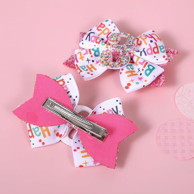 4" Glitter Happy Birthday Hair Bow Clips for Women, Pink Ribbon Cheer Bow Barrettes Alligator Hairpins, Confetti Ice Cream Party Dress Accessories, Her 3rd Birthday Gift