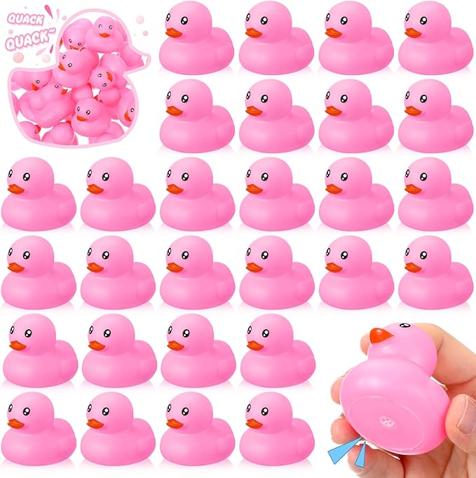 Hungdao 24 Pcs 2 Inch Mini Pink Rubber Ducks for Kids Children Party Favors Bulk Bath Ducks Summer Pool Floating Toys Birthday Gifts for Boys Girls Baby Shower Supplies
