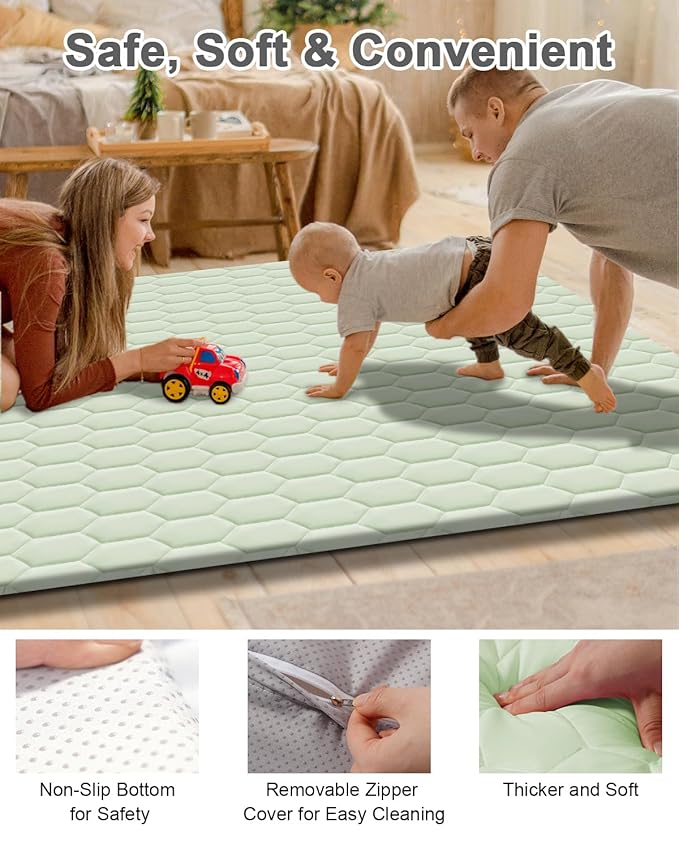 TINYHARBO Premium Foam Baby Play Mat 50" x 50" with Removable Cover, Extra Thick Padding Playpen Mat, Non-Slip Floor Mat, Stylish & Easy to Clean for Crawling Baby, Infants & Toddlers, Green