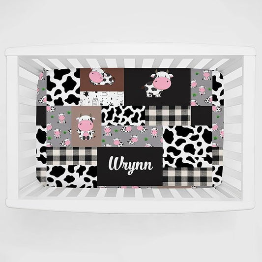 Personalized Pack and Play Sheets with Name, Custom Name Baby Mini Crib Sheets for Baby Boys Girls, Name Pack n Play, Fitted Sheet with Name, Soft and Breathable Material (Cute Cow)