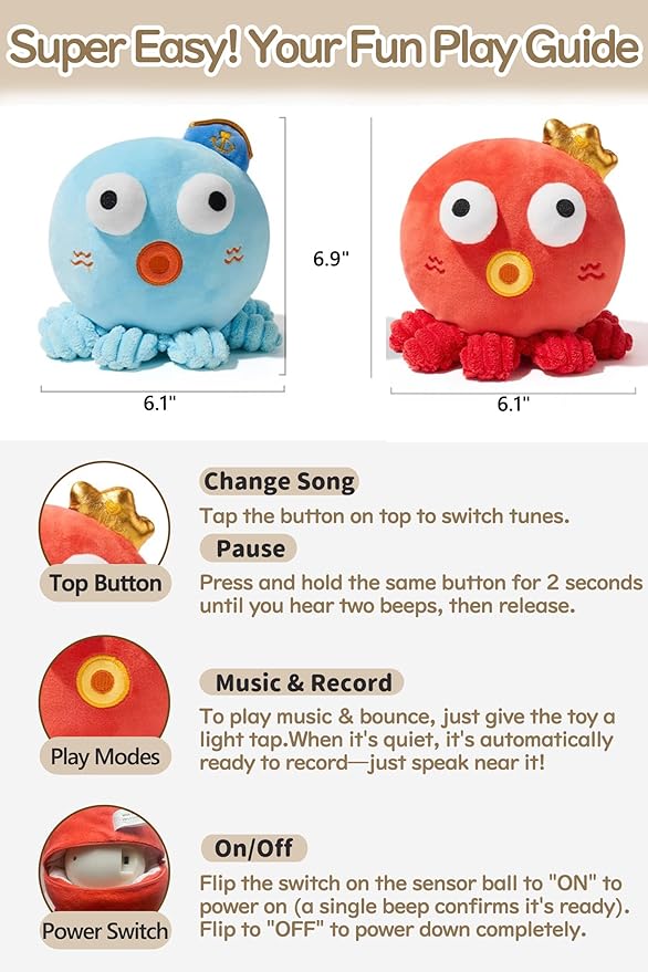 Bouncing Octopus Baby Toy, Musical Crawling Toy for 6-12 Months, Talking Recording Repeat Plush Toy with 120 Songs, Sensory Tummy Time Toy for Toddlers 1-3, Infant Birthday Gift (Red Octopus)