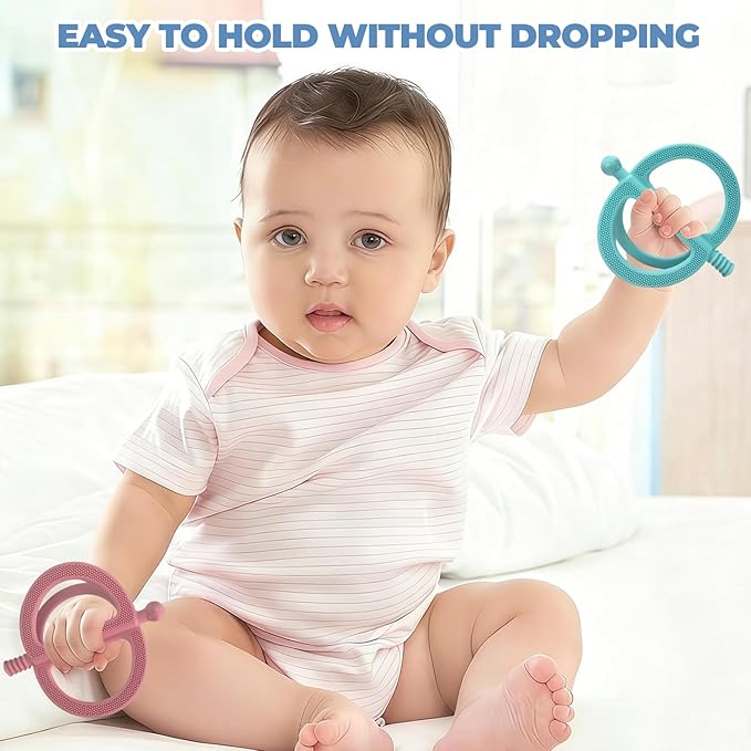 SOLIFEGOBLE 2-Pack Silicone Baby Teething Rings - Easy-Grip Chew Toys with Textured Surfaces, BPA-Free Teethers for Infants 3-12 Months (Light Green+Light Pink)